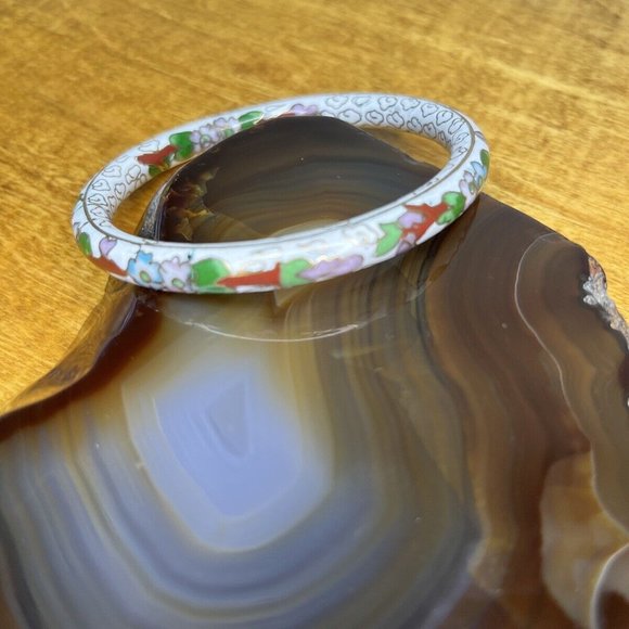 Vintage Cloisonné Enamel Hand Painted Hinged Bangle Bracelet And Earrings Set - Picture 4 of 11